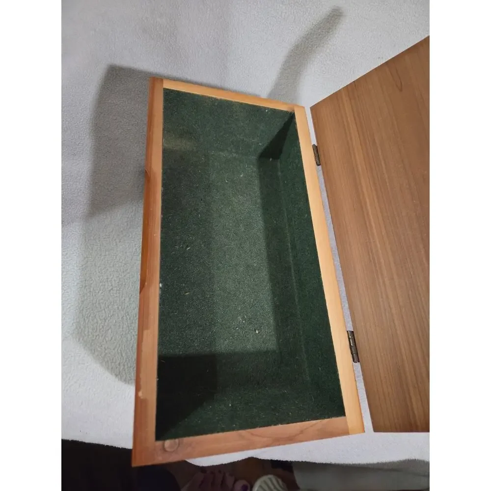 Vintage Mini Cedar Wood Chest Trinket Jewelry Box Green Velvet Lined